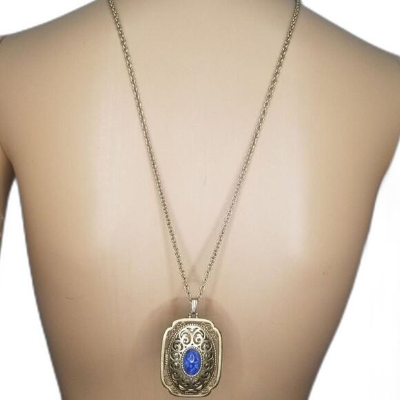 Avon Vintage Ornate Filigree Photo Yesteryear Locket Gold Blue Cabochon Necklace - Picture 3 of 6